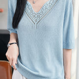 Elegant Commuter V-neck Hollow-out Embroidery Knit Top