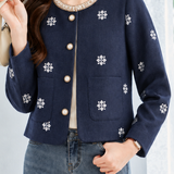 Elegant Chunky Knit Jacket With Pearl Ornaments & Snowflake Embroidery