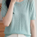 Elegant Commuter Ruffle Trim Short Sleeve Knit Top