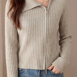 Elegant Commuter Big Lapel Zip‑Up Raglan Sleeve Knit Top
