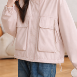 Casual Short Long‑Sleeve Coat With Large Pockets And Drawstring Hood
