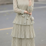 Exquisite Date Polka‑Dot Print Ruffled Stand‑Collar Long‑Sleeve Dress