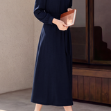 Elegant Small Open V‑Neck Long‑Sleeve Midi Dress