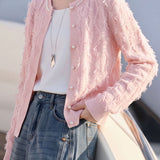 Exquisite Elegant Round Neck Pearl Button Tassel Long Sleeve Knit Cardigan