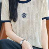 Gentle Commuter Color Contrast Crew Neck Hollow-out Short Sleeve Knit Top