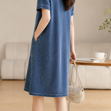 Minimalist Commuter Topstitch Patch Pocket Denim Dress
