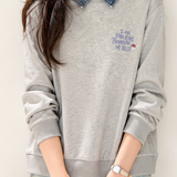 Casual Commuter Denim Spliced Lapel Embroidered Long-Sleeve Sweatshirt