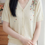 Gentle Elegant Plum Blossom Embroidered Tencel Short Sleeve Knit Top