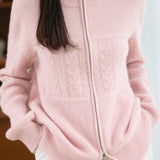 Casual Retro Cable‑Knit Spliced Zip‑Up Cardigan