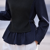 Elegant Commuter Navy Striped Fake Two-Piece Shirt