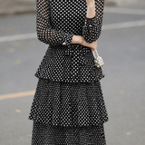 Exquisite Date Polka‑Dot Print Ruffled Stand‑Collar Long‑Sleeve Dress