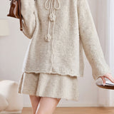 Exquisite Round Neck Sweater & A-Line Knit Midi Skirt Set
