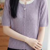 Casual Color Contrast Collar Contrast Button Ribbed Knit Top