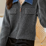 Casual Commuter Denim Collar Fake Two-Piece Knit Cardigan