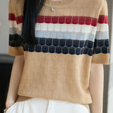 Elegant Striped Short-Sleeve Knit Top With Round Neck