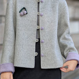 Casual Color‑Block Stand‑Collar Coat With 3D Cherry Decorations
