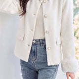 Elegant Knit Cardigan With Pearl Collar And Fuzzy Splicing