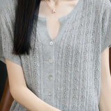 Casual Commuter Tencel Linen V-Neck Hollow-Out Short-Sleeve Knit Top