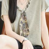 Elegant Commuter V-Neck Printed Sash Short Sleeve Knit Top