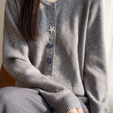 Casual Crew Neck Long‑Sleeve Knit Coat With Starfish Shell Buttons
