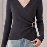 Elegant V‑Neck Ribbed Long Sleeve Knit Top With Cross Ring Buckle