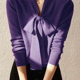 V-Neck Ribbon Tie Wool-Like Knit - 5 Colors Available