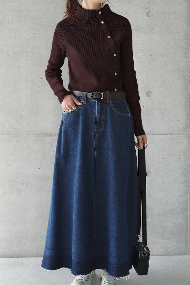 ハイネックアシンメトリーボタン装飾タイトニット　2色入 - liwisi