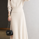 Elegant Round Neck Long Sleeve Waisted Knit Top & Midi Skirt Set