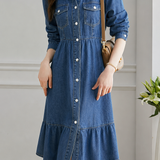 Lapel Denim Dress With Double Patch Pockets And Gathered Ruffle Hem