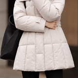Elegant High Neck Hooded Quilted Plaid Long Sleeve Puffer Coat