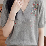 Gentle Elegant Plum Blossom Embroidered Tencel Short Sleeve Knit Top