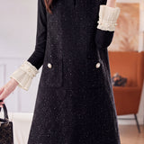 Elegant Mesh Spliced Long‑Sleeve Top & Crew Neck Sequin Vest Dress Two‑Piece Set