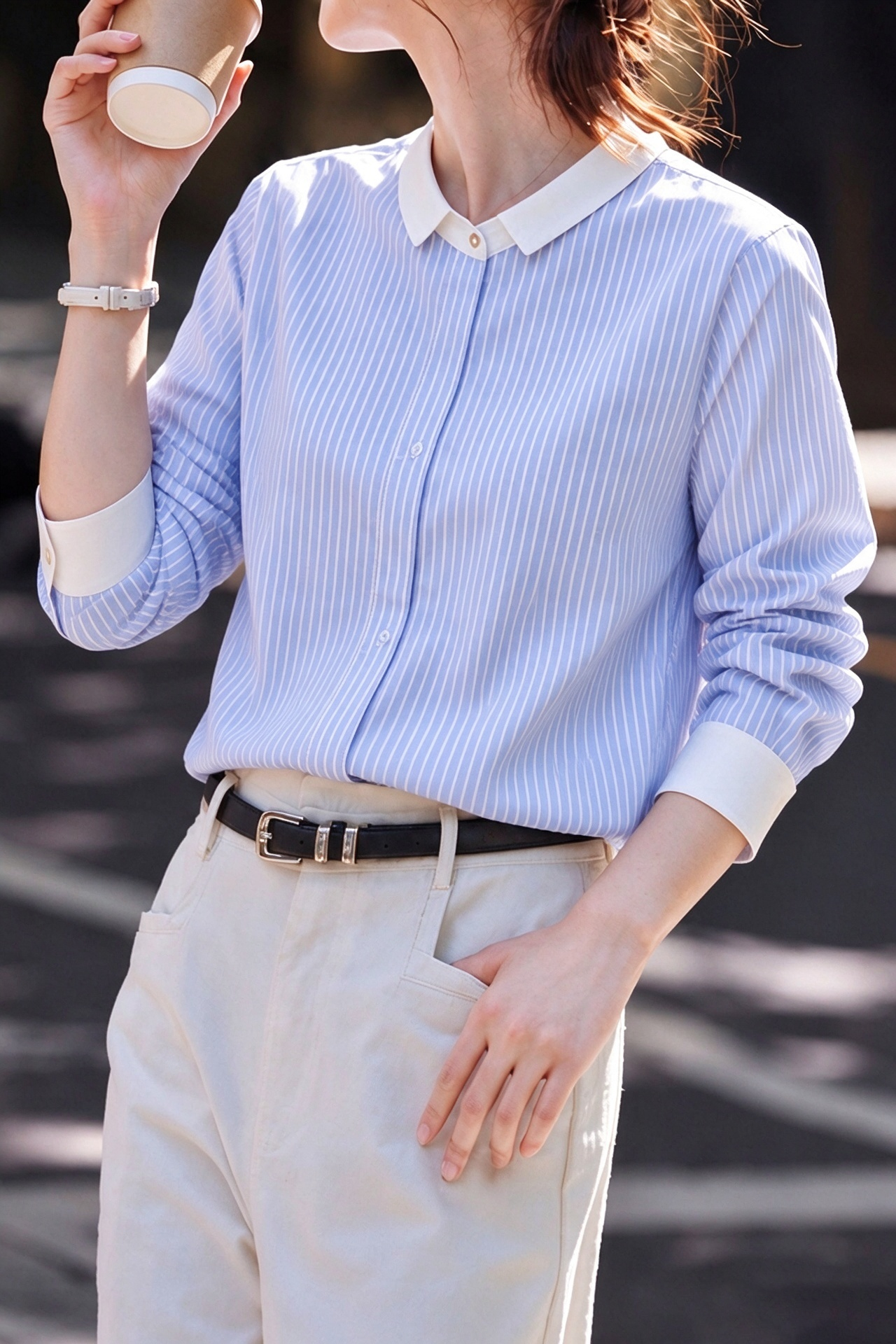 Elegant Commuting Color Block Small Lapel Long Sleeve Stripe Shirt - liwisi