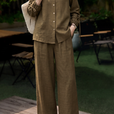 Casual Lapel Long‑Sleeve Blouse & Elastic‑Waist Wide‑Leg Trousers Set