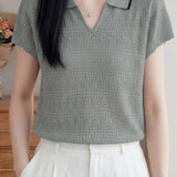 Casual Elegant Tencel Linen Hollow-out Polo Collar Short Sleeve Knit Top