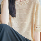 Delicate Elegant Tencel Lyocell Beaded Short Sleeve Knit Top