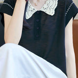 Gentle Commuter Lace Doll Collar Short Sleeve Knit Top