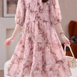French Elegant V‑Neck Pearl‑Trimmed Shaded Print Dress