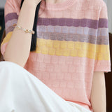 Elegant Striped Short-Sleeve Knit Top With Round Neck