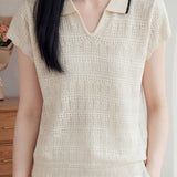 Casual Elegant Tencel Linen Hollow-out Polo Collar Short Sleeve Knit Top