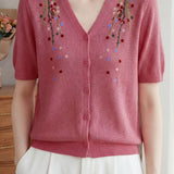 Gentle Elegant Plum Blossom Embroidered Tencel Short Sleeve Knit Top