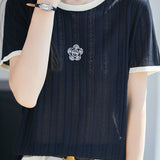 Gentle Commuter Color Contrast Crew Neck Hollow-out Short Sleeve Knit Top