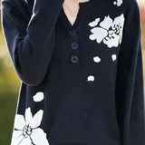 Elegant Commuter V-Neck Jacquard Long Sleeve Knit Top