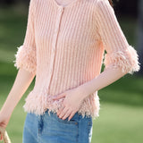 Gentle Casual V‑Neck Fringe Half‑Sleeve Knit Cardigan