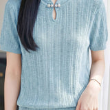 Elegant Commuter Frog Button Hollow-out Short Sleeve Knit Top