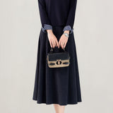 Elegant Off-The-Shoulder Lapel Plaid Spliced Pleated Two-Piece Set: Knit Top & Midi Skirt