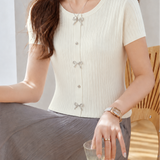 Gentle Commuter Bow Faux Button Knit T-shirt