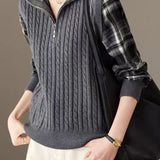 Casual Fake Two-Piece Plaid Spliced Zip Half-Placket Knit Top