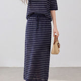 Casual Commuter Striped Knit Set Consisting Of V-Neck T-Shirt & High-Waist Straight Midi Skirt