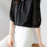 Diagonal Shirt Collar 3D Flower Pearl Decor Satin Blouse - 2 Colors Available